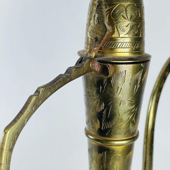 Vintage Etched Brass Botanical Pitcher Ewer Tea Pot Hinged Lid Made in India 12" - Picture 12 of 12